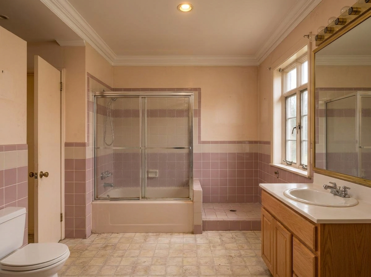 Stone-and-Oak Primary Bath — before